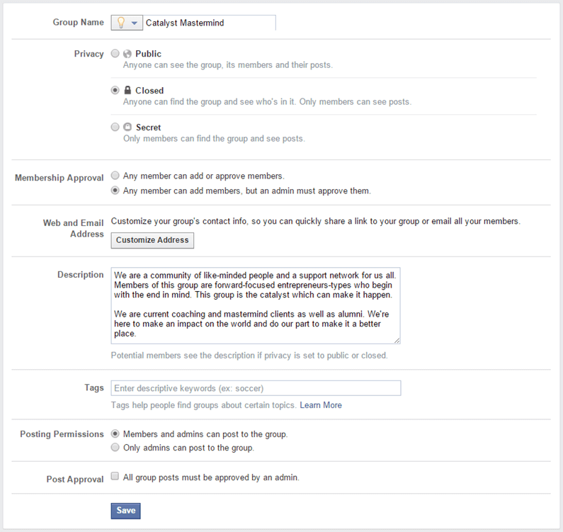 Private Facebook Group settings